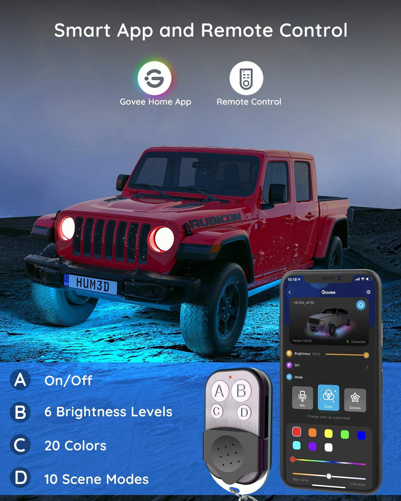 Govee Exterior Car LED Lights, RGBIC Underglow Car Lights with App and Remote Control, 16 Million Colors, Music Mode, DIY Mode, 10 Scene Modes for SUVs, Trucks
