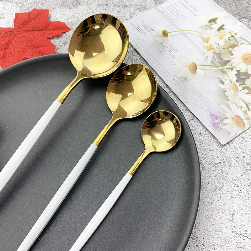 JASHII 18/10 Silver Silverware Set Stainless Steel Flatware Utensils Set Gold Cutlery Set| 24-Piece Modern Cubiertos Dorados| BEST Birthday Wedding Gift (4 sets, White Handle Gold Mirror Polish)