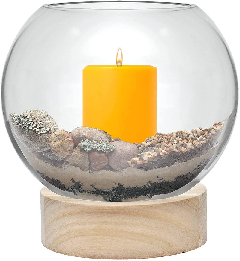 CYS EXCEL Glass Terrarium Candle Holder Bubble Bowl with Wood Base (H:8" W:6.5") | Unique Fish Bowl Aquarium with Wooden Stand | Plant Bubble Dome | Candy Bowl Storage Container