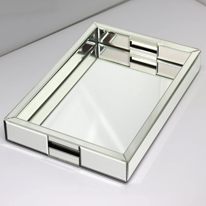 Rectangle Silver Mirror Decorative Tray Size 11” Length x 14” Width x 2” Height, Mirrored Vanity Organizer with Hand, Markup Perfume Jewelry Tray for Bathroom Bedroom Dresser Coffee Table qmdecor