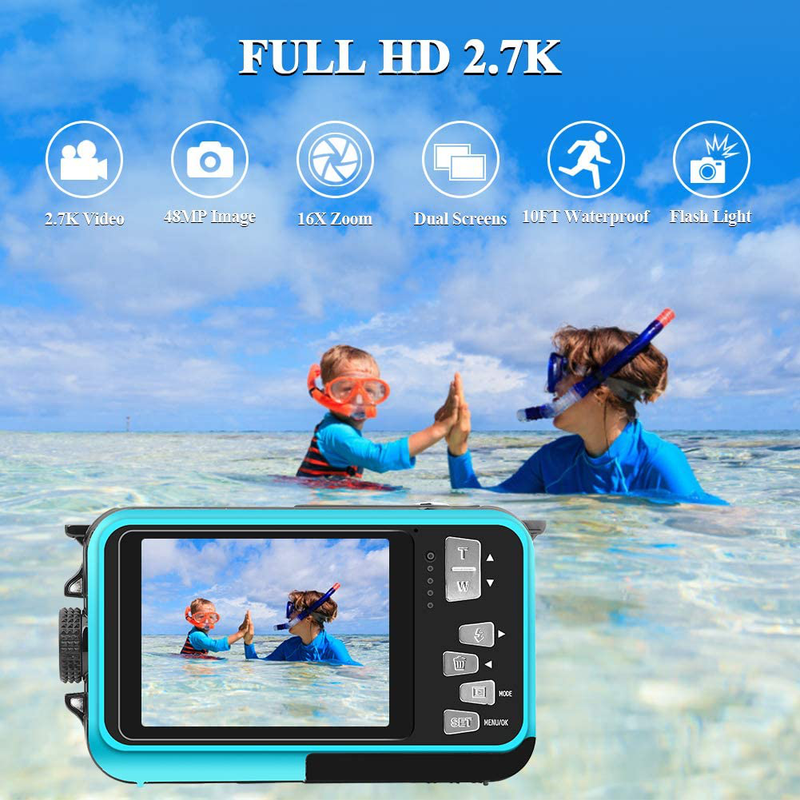 Waterproof Digital Camera Underwater Camera Full HD 2.7K 48 MP Video Recorder Selfie Dual Screens 16X Digital Zoom Flashlight Waterproof Camera for Snorkeling