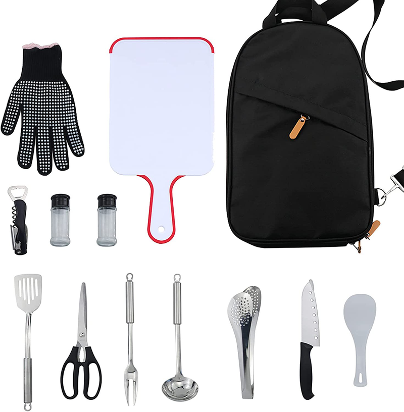 SYLGTROY Backpacking Camping Cookware Kitchen Utensil Set, Stainless Steel Outdoor Cooking Travel Set for Accessories Compact Gear Hiking Case(12Pcs)