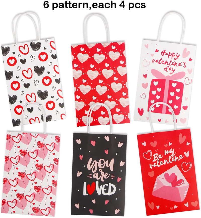 DIYASY Valentine'S Day Paper Gift Bags with Tissue Paper,24 Pack Red Pink Heart Love Candy Present Bags with Handle for Wedding and Valentine Party Favors Gift Wrapping Supply