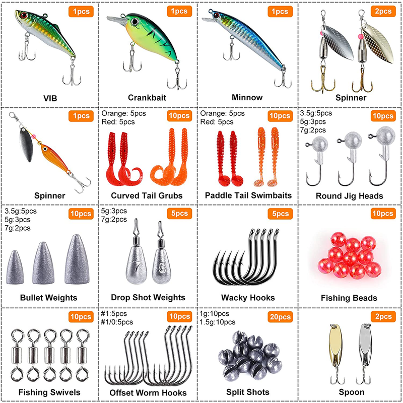 PLUSINNO Fishing Lures Baits Tackle Including Crankbaits, Spinnerbaits, Plastic Worms, Jigs, Topwater Lures, Tackle Box and More Fishing Gear Lures Kit Set,Fishing Lures for Bass Trout Bass Salmon