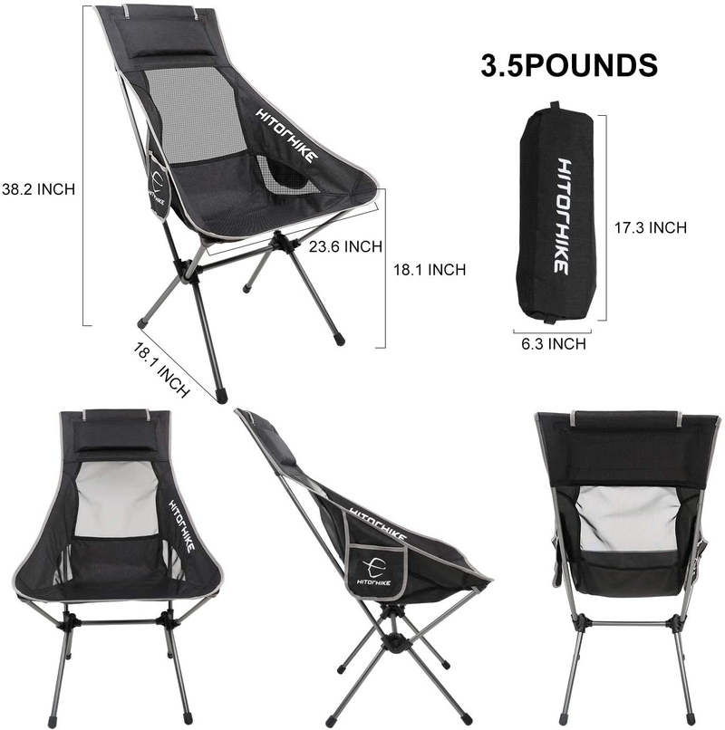 Hitorhike Camping Chair with Nylon Mesh and Comfortable Headrest Ultralight High Back Folding Camp Chair Portable Compact for Camping, Hiking, Backpacking, Picnic, Festival, Family Road Trip
