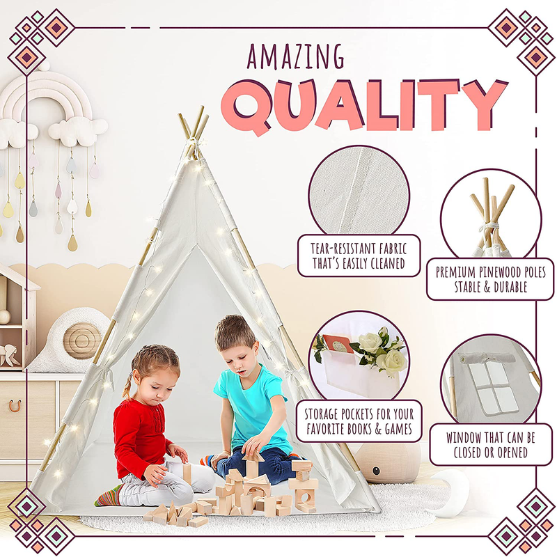 Orian Toys Teepee Tent for Kids: Child’S Indoor Outdoor Canvas Fairytale Tipi Playroom, LED Star Lights, Easy Assembly, 59 by 45 Inches, Ages 3+