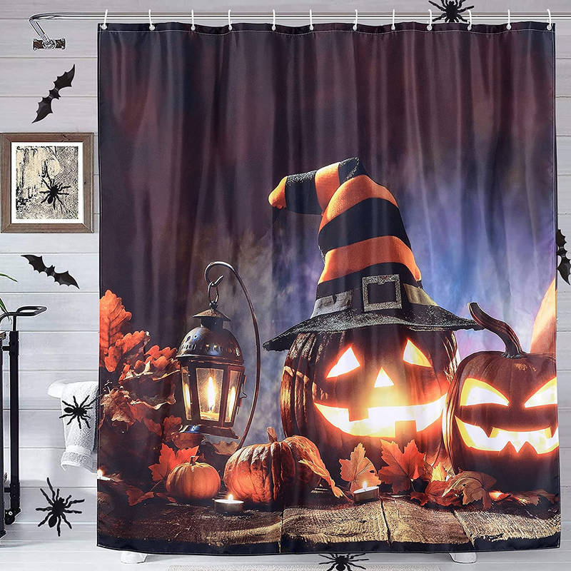 RoomTalks Halloween Spooky Shower Curtain Horror Pumpkin Wearing Witch Hat Haunted Scary Shower Curtain Sets Vintage Rustic Halloween Bathroom Decor (72''W x 72''L, Orange)