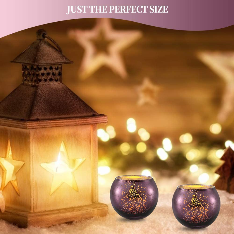 DerBlue 16Pcs Round Mercury Glass Votive Candle Holders for Wedding Centerpieces, Valentines Dinner, Garden Tub and Any Theme Events (Purple)