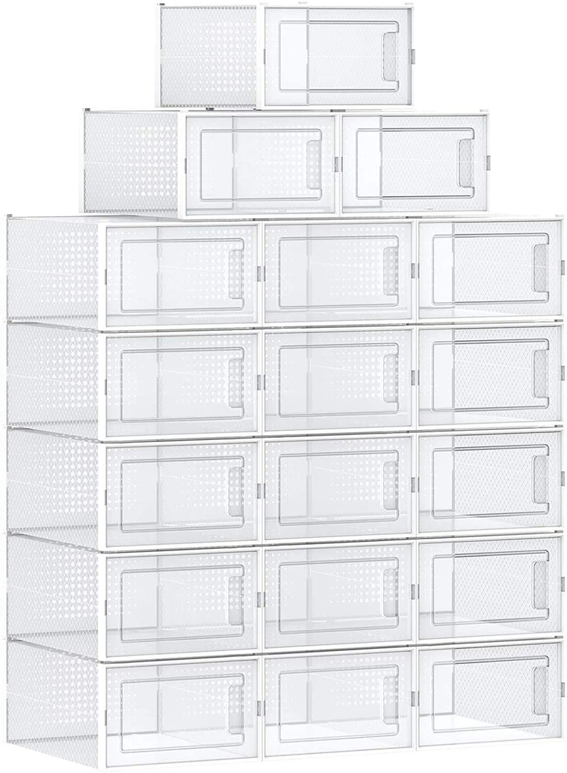 SONGMICS Shoe Boxes, Pack of 18 Clear Plastic Stackable Shoe Organizers, Fit up to US Size 9.5, Sneakers Boots Storage Containers, 9.8 X 13.8 X 7.3 Inches, Transparent and White ULSP18MWT