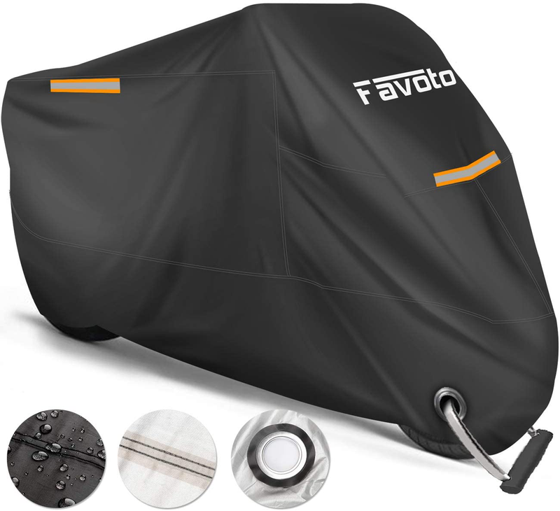 Favoto Motorcycle Cover All Season Universal Weather Premium Quality Waterproof Sun Outdoor Protection Durable Night Reflective with Lock-Holes & Storage Bag Fits up to 96.5” Motorcycles Vehicle Cover
