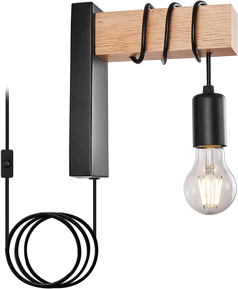 Farmhouse Plug in Wall Sconce, Black Wall Lamp for Bedroom Bedside Reading Living Room Industrial Wood Wall Mounted Lights Fixture with On/Off Switch Lighting with Plug Cord(E26 Bulb Excluded)