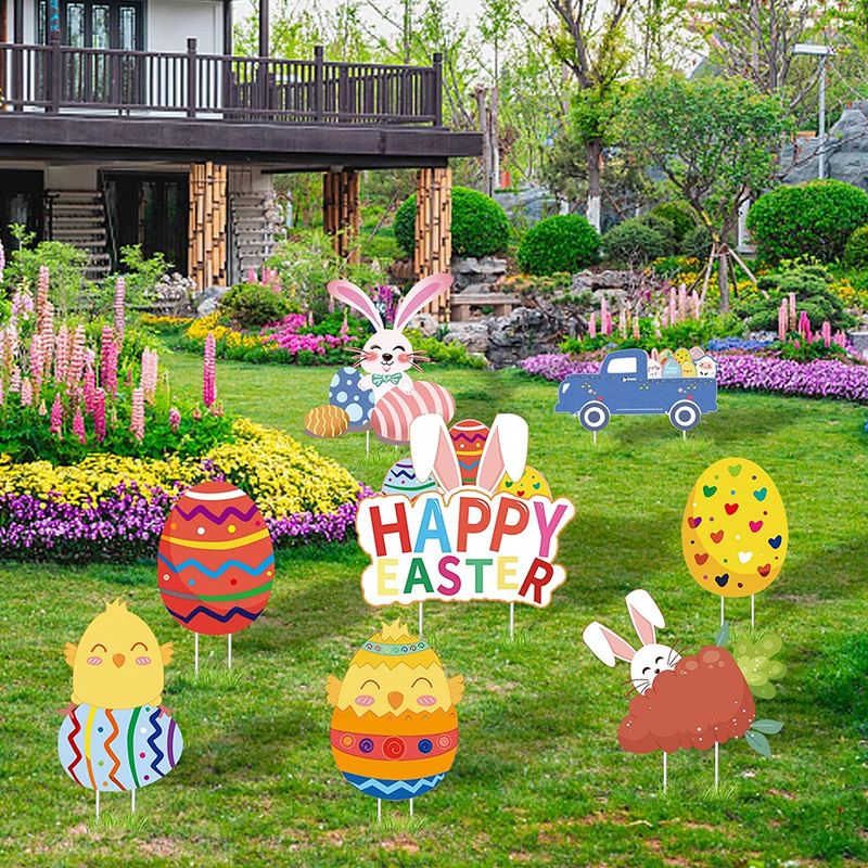Little Tigger 8 PCS Easter Yard Signs Decorations Outdoor, Waterproof Easter Yard Signs with Stakes Bunny, Eggs, Hunt and Basket Yard Stake for Easter Party Decor, Hunt Game, Easter Lawn Yard Decorations, Easter Props