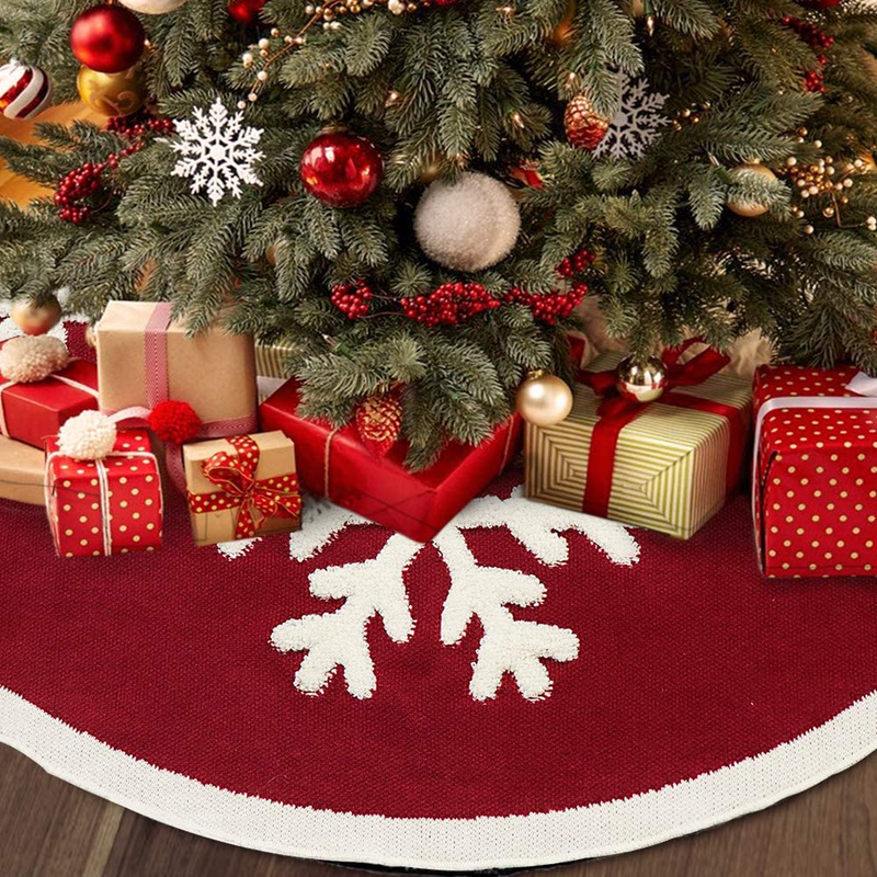 LimBridge Knitted Christmas Tree Skirt, 48 Inches Knitted Christmas Decorations, Wine Red Heavy Yarn Xmas Holiday Decoration with White Snowflakes, Burgundy and Cream