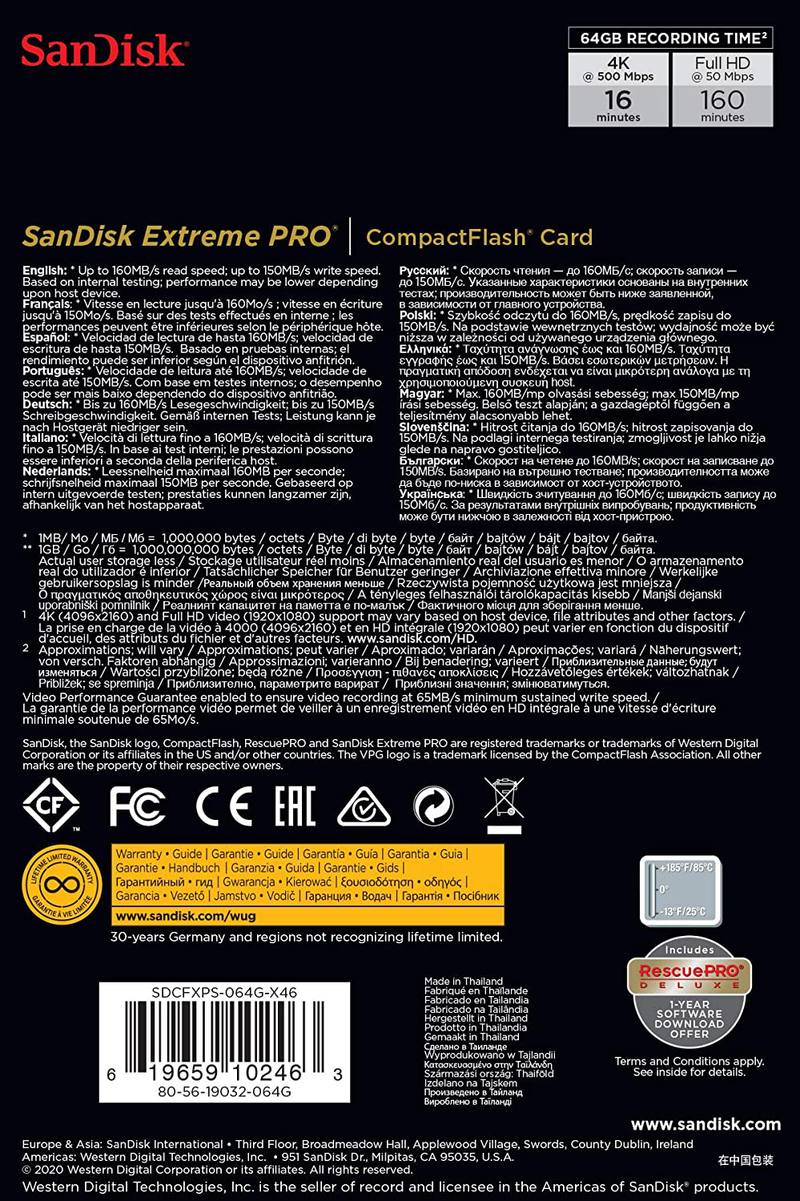 SanDisk Extreme PRO 64GB Compact Flash Memory Card UDMA 7 Speed Up To 160MB/s - SDCFXPS-064G-X46
