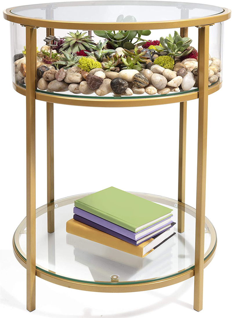 Square Terrarium Display End Table with Reinforced Glass in Gold Iron- 18" L x 18" W x 27" H- Great Indoor Decor for Home or Office- DIY Garden for Fern Moss Succulents- Holiday Wedding Gift