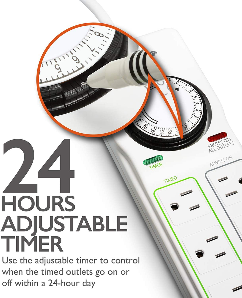 Fosmon 8-Outlet Surge Protector Timer, 24-Hours Mechanical Timer (4 Outlets Timed, 4 Outlets Always On) Power Strip Grounded Electrical Outlet for Plant Grow Lights, Reptile, Aquarium, ETL Listed