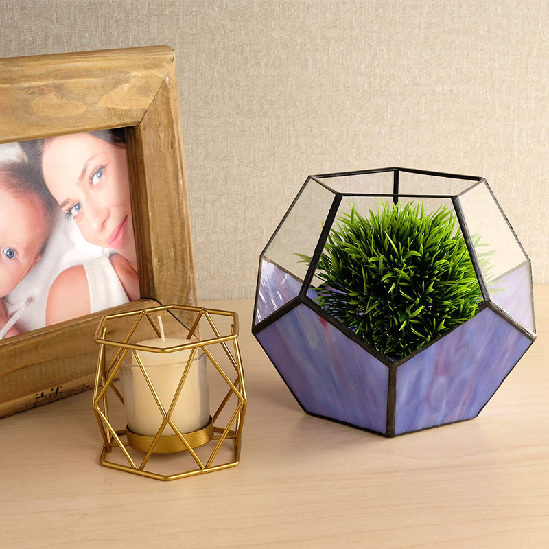 EXCELLO GLOBAL PRODUCTS Geometric Purple Glass Terrarium: Small Vase Planter (5.5" x 7") Container for Indoor, Plant Holder. Modern Artistic Decor.