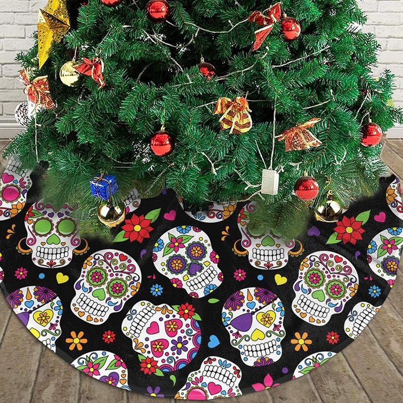 Day of The Dead Sugar Skull Black Tree Skirt Christmas Decorations, Elegant Xmas Tree Mat 36 Inch for Farmhouse Holiday and Party Decor