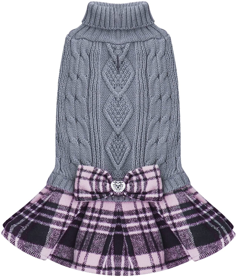 KYEESE Dog Sweater Dress with Leash Hole Plaid with Bowtie Turtleneck Dog Pullover Knitwear Pet Sweater Warm for Fall Winter