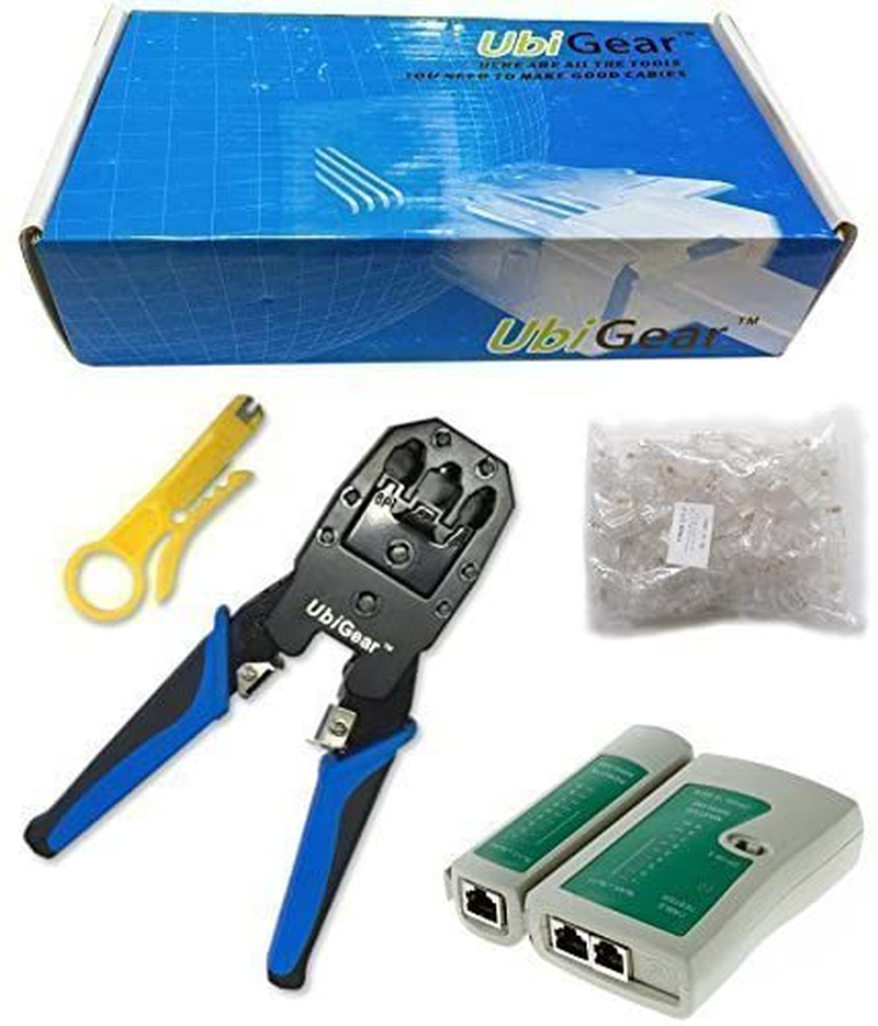 UbiGear Network/Phone Cable Tester + RJ11/RJ12/RJ45 Crimp Crimper + 100 pcs RJ45 CAT5e Connector Plug Network Tool Kits (Premium568)