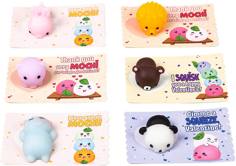 JOYIN 28 Pack Valentines Day Gift Cards with Gift Cute Kawaii Mochi Squishy to Squeeze Stress Relief Fidget Toy for Kids, Classroom Exchange Prizes Valentine Party Favor Toy