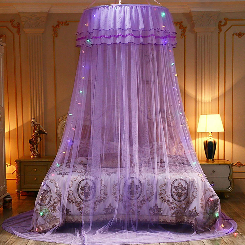 JETH Mosquito Net Bed Canopy, for Single to King Size, Finest Holes: Mesh, Curtain Netting, No Chemicals Added, Princess Bed Cover Curtain Bedding Dome Lace LED Light for Girls Boys Adults (Purple)