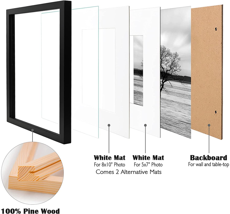 Egofine 11x14 Picture Frames Made of Solid Wood 4 PCS Black - for Table Top and Wall Mounting for Pictures 8x10/5x7 with Mat Horizontally or Vertically Display Photo Frame Black