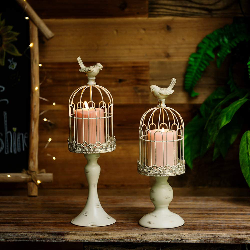 Sziqiqi Vintage Bird Cage Decorative Candle Lantern Set of 2 Decorative Pedestal Candle Holders for Pillar Candle for Tabletop Wedding Centerpiece Fireplace Mantel Decor Distressed Ivory