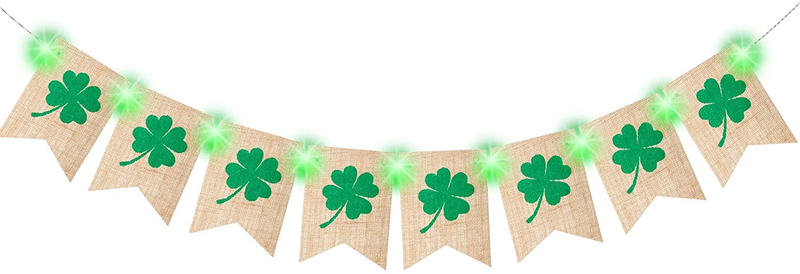 St. Patrick'S Day Banner Decorations Shamrock Burlap Banner with Green String Lights Clover Irish Garland Flags for St. Patrick'S Day Party Decor