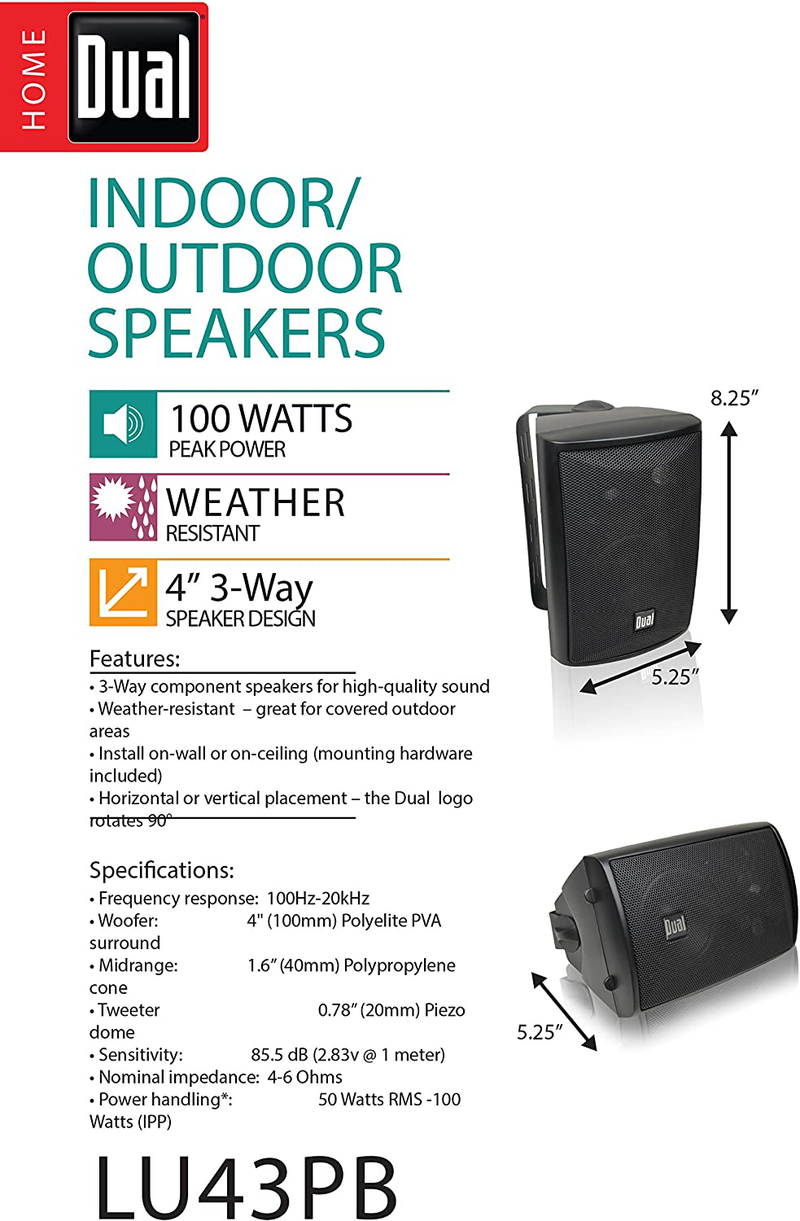 Dual Electronics LU43PB 3-Way High Performance Outdoor Indoor Speakers with Powerful Bass | Effortless Mounting Swivel Brackets | All Weather Resistance | Expansive Stereo Sound Coverage | Sold in Pairs , Black , case