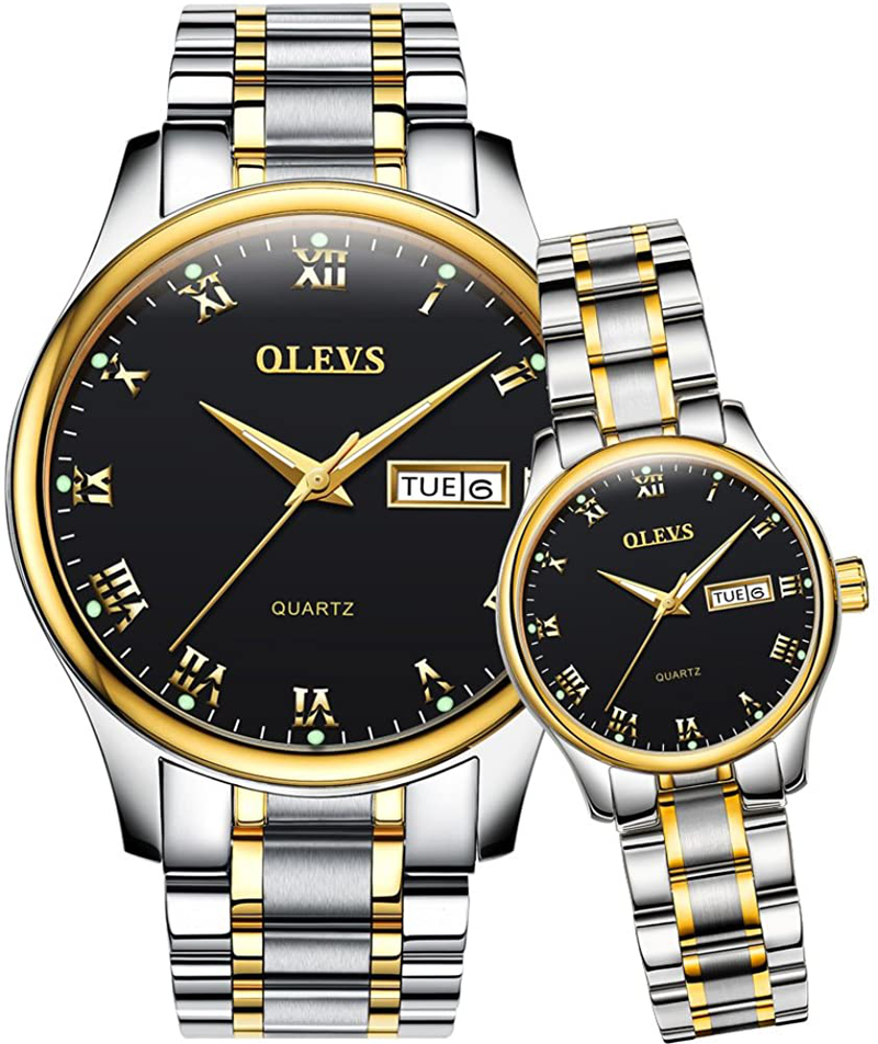 OLEVS Valentines Couple Pair Quartz Watches Luminous Calendar Date Window 3ATM Waterproof, Casual Stainless Steel His and Hers Wristwatch for Men Women Lovers Wedding Romantic Gifts Set of 2