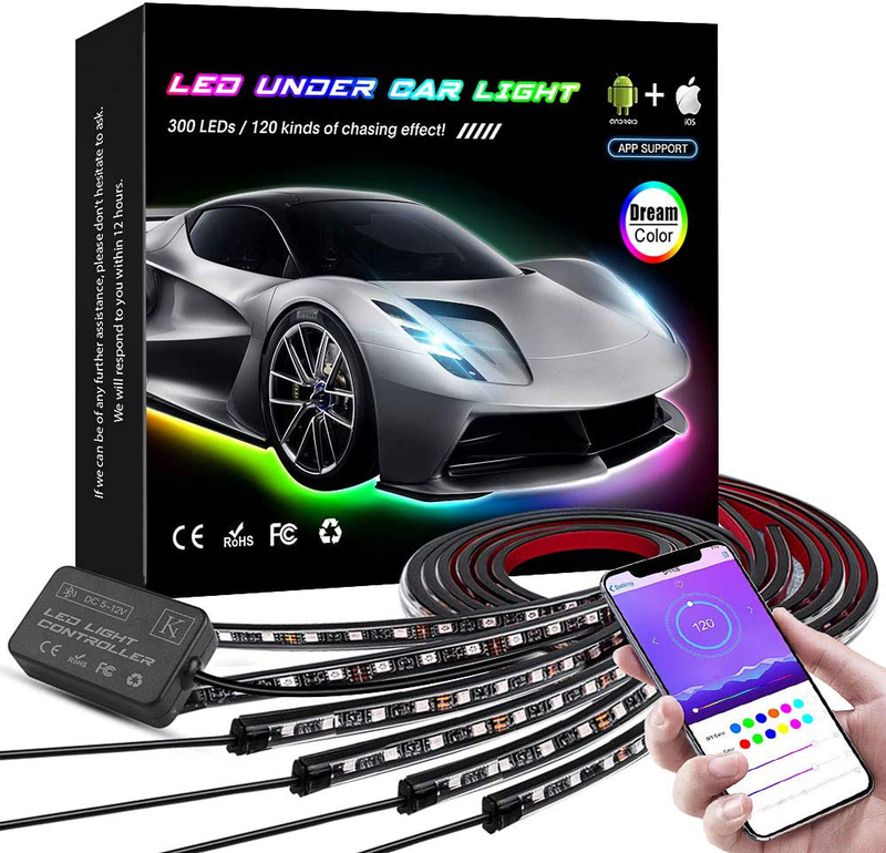 KORJO Car Underglow Lights, 6 Pcs Bluetooth Led Strip Lights with Dream Color Chasing, APP Control 12V 300 LEDs Underbody Lights, Waterproof Underglow Led Light Kit for Cars, Trucks, Boats
