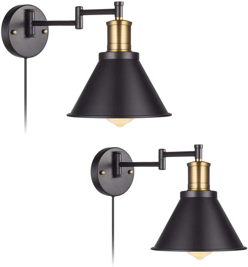 Swing Arm Wall Lights Fixtures with Plug in Cord Wall Sconce with Switch, Black and Bronze Finsh, Wall Mounted Industrial Lamp for Bedroom, Living Room (2-Pack)