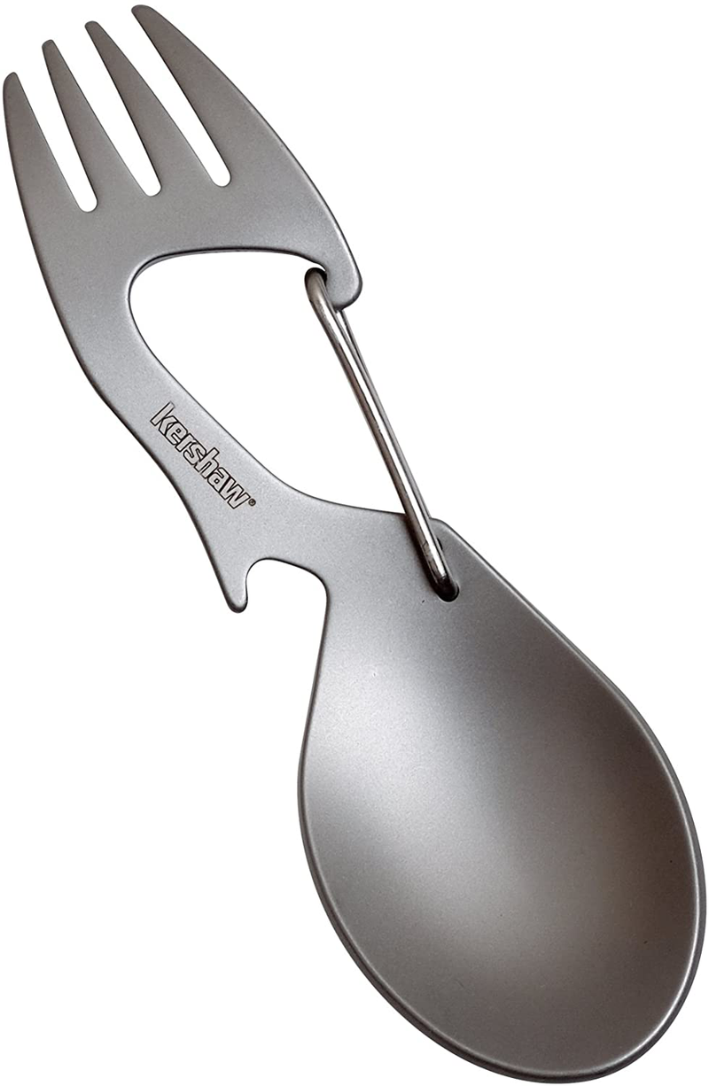 Kershaw Ration Multi Tool Spork, Stainless Steel Spoon, Fork, Carabiner and Bottle Opener, Regular and XL Sizes