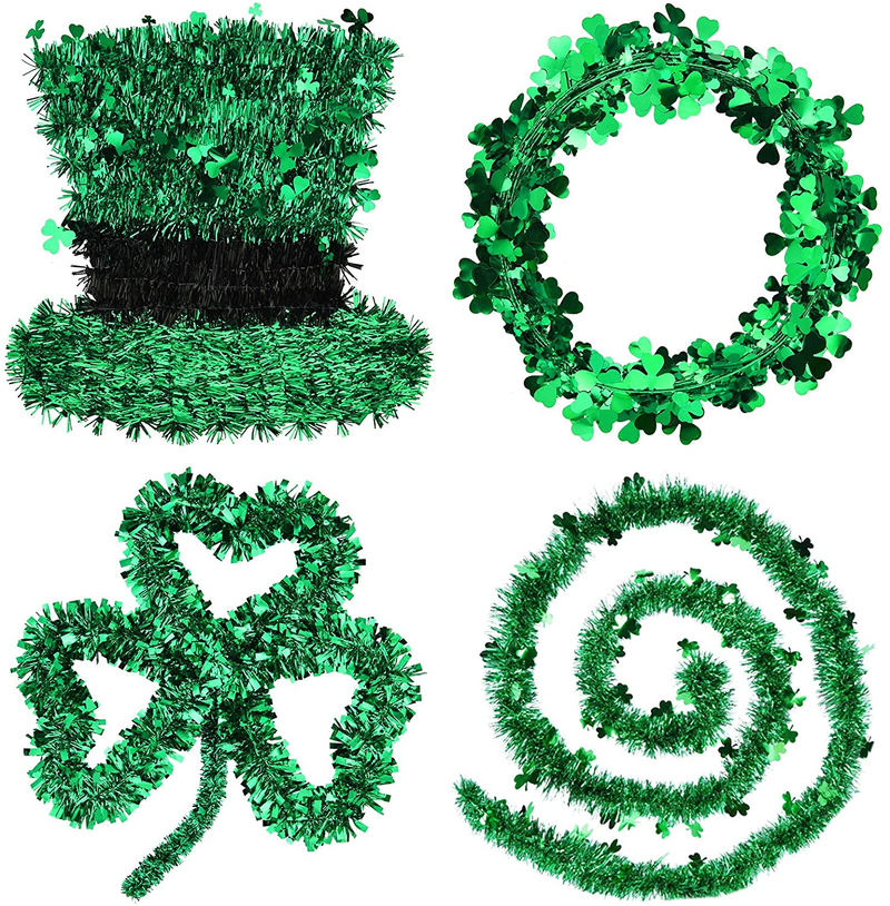 Green Tinsel Garland, 4 Pack Include Shamrock Wreath, Wire Circle Garland, Leprechaun Hat and Metallic Tinsel Twist Garland for St. Patrick'S Day Decorations and Lucky Irish Themed Parties