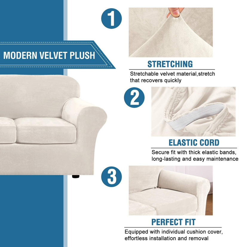 Real Velvet Plush 3 Piece Stretch Sofa Covers Couch Covers for 2 Cushion Couch Loveseat Covers (Base Cover Plus 2 Individual Cushion Covers) Feature Thick Soft Stay in Place (Medium Sofa, Ivory)
