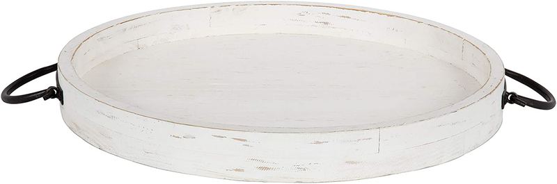 Kate and Laurel Marmora Rustic Round Decorative Tray with Pieced Wood Base and Black Metal Handles, 18-inch Diameter