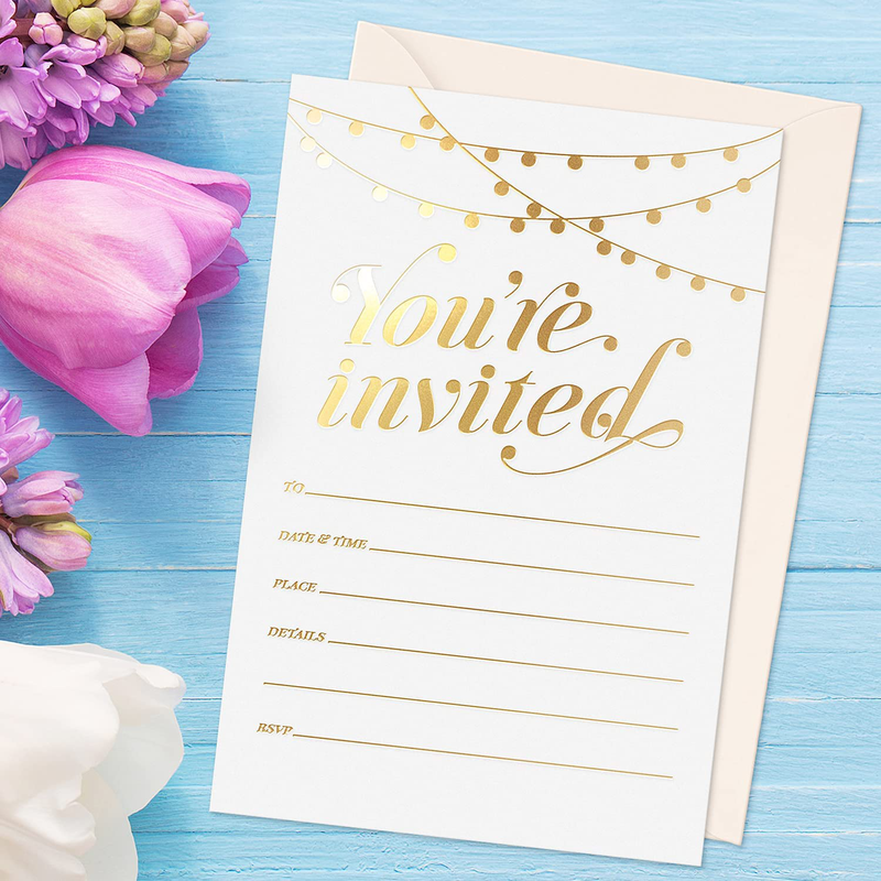 Party Invitations! 25 Gold Foil Traditional Invitations with Envelopes, Wedding, Baby and Bridal Shower Invite, Housewarming Birthday and Girls Quinceanera Invites