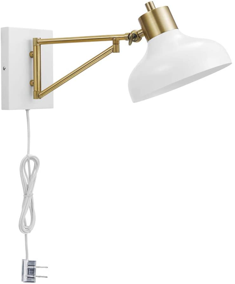 Globe Electric Berkeley 1-Light Plug-In or Hardwire Swing Arm Wall Sconce, Brass Accents, White Cloth Cord 51344, 5.75"