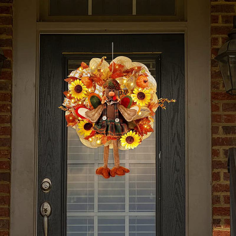 Joliyoou Thanksgiving Wreath, Fall Turkey Mesh Wreath with 30 LED Warm White String Lights, Dangling Legs Turkey Wreath Adorned for Autumn Front Door Decorations, NOT PRELIT