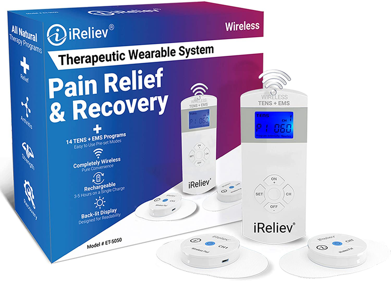 iReliev Wireless TENS + EMS Therapeutic Wearable System Wireless TENS Unit + Muscle Stimulator Combination for Pain Relief, Arthritis, Muscle Conditioning, Muscle Strength