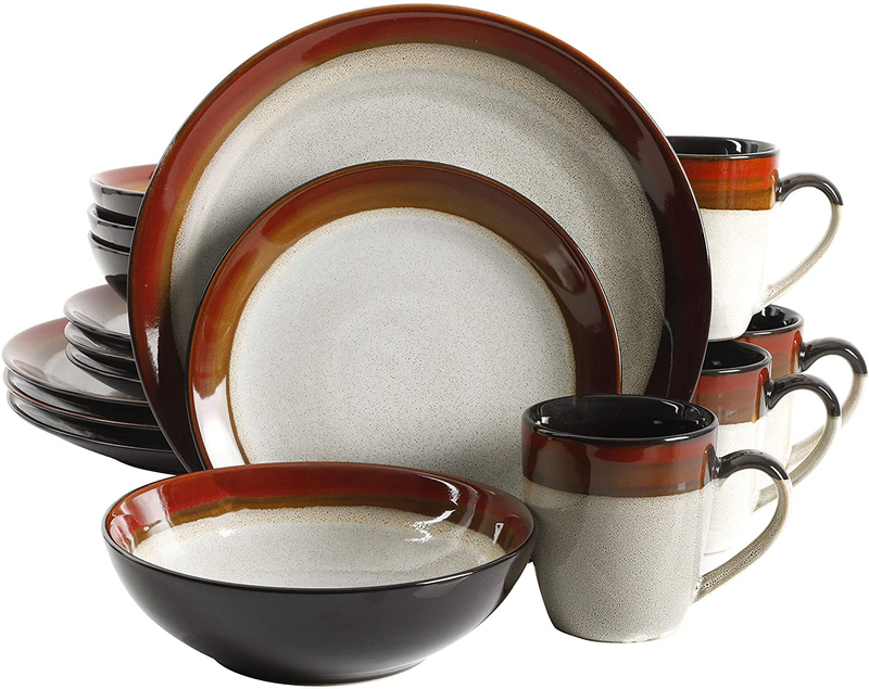 Gibson Elite Couture Bands Round Reactive Glaze Stoneware Dinnerware Set, Service for Four (16pcs), Blue and Cream