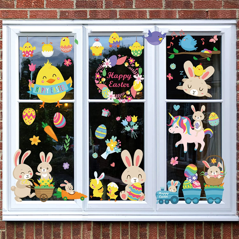 Giiffu 147PCS Easter Bunny Window Cling Decorations, Kids Happy Easter Window Stickers Easter Eggs Carrot Chick Glass Sticker, Easter Decals for Home School Party Decoration Holiday Supplies Gifts