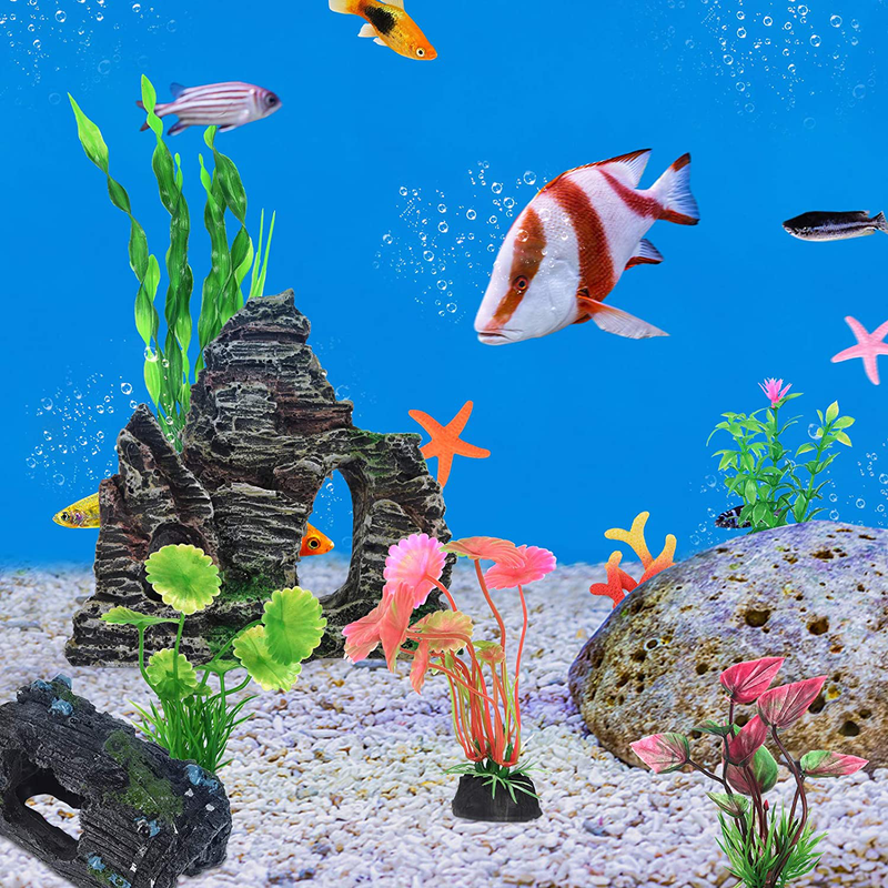 QZQ 14 Pack Aquarium Fish Tank Decorations Accessories Decor Set Aquarium Decorations Include Resinous Rockery Barrel Hideouts Coral Aquarium Plants and Resin Starfish and Other