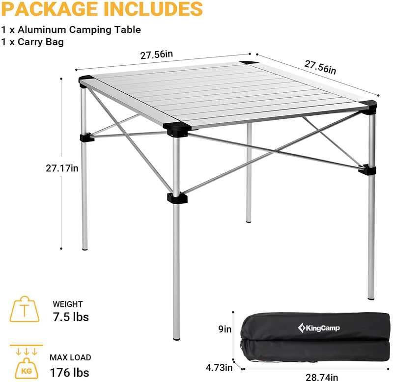 Kingcamp Roll up Aluminum Folding Table Compact Camping Foldable Camp Tables for Travel, Picnic, Party, Barbecue, Outdoor and Indoor, 2-4 Person