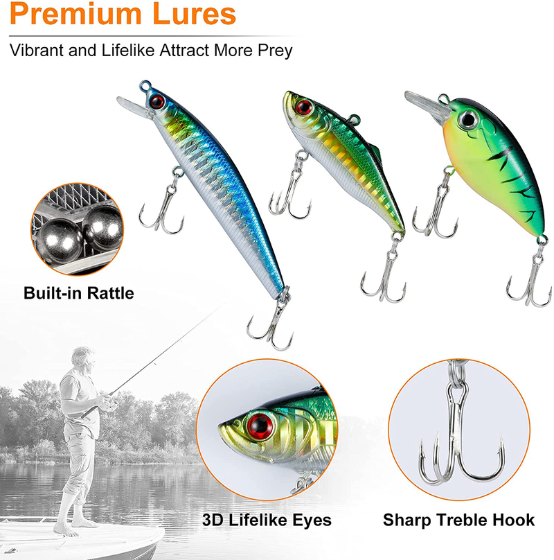 PLUSINNO Fishing Lures Baits Tackle Including Crankbaits, Spinnerbaits, Plastic Worms, Jigs, Topwater Lures, Tackle Box and More Fishing Gear Lures Kit Set,Fishing Lures for Bass Trout Bass Salmon