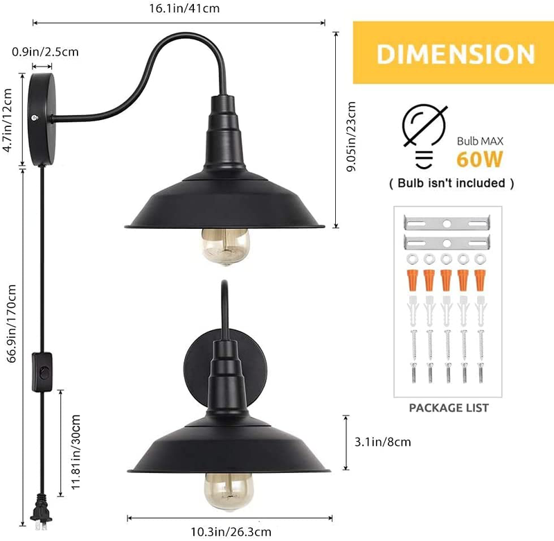 HAITRAL Plug in Wall Lamps Set of 2- Farmhouse Wall Sconces with Plug in Cord and Buttun Switch, Industrial Wall Light Fixtures Plug in for Bedroom, Living Room, Farmhouse, Bathroom Vanity-Black
