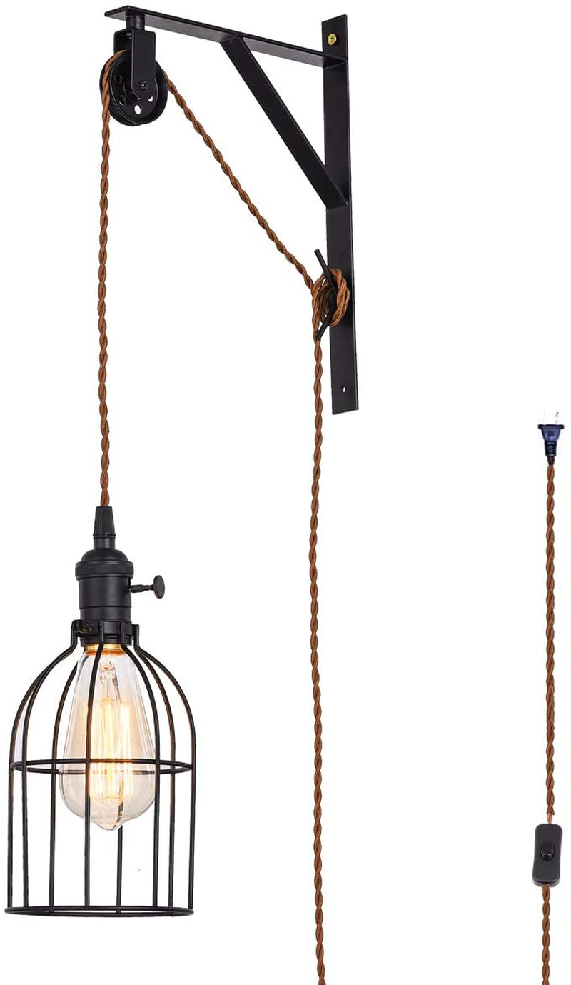 SEEBLEN Vintage Design Industrial Wheel Farmhouse Wall Mount Pulley Wall Pendant Lamp with 15-Foot Brown Plug and Switch Set of 2