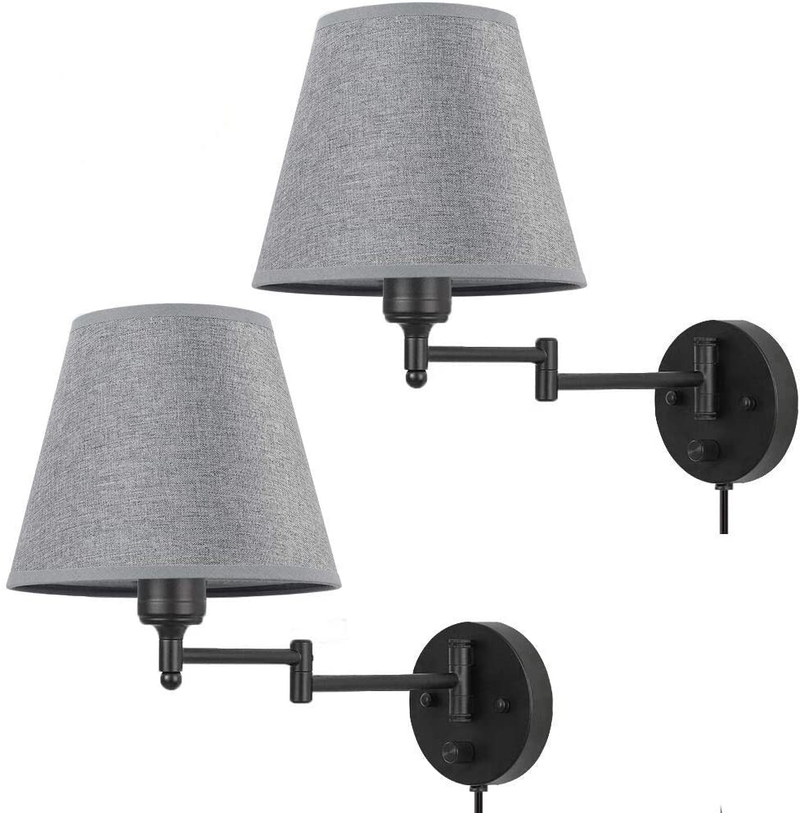 HAITRAL Swing Arm Wall Lamps- Dimmble Plug in Wall Sconces with Grey Shade, Plug-In or Hardwired Wall Lights, Wall Lamps for Bedroom, Bedside, Living Room, Office, Farmhouse