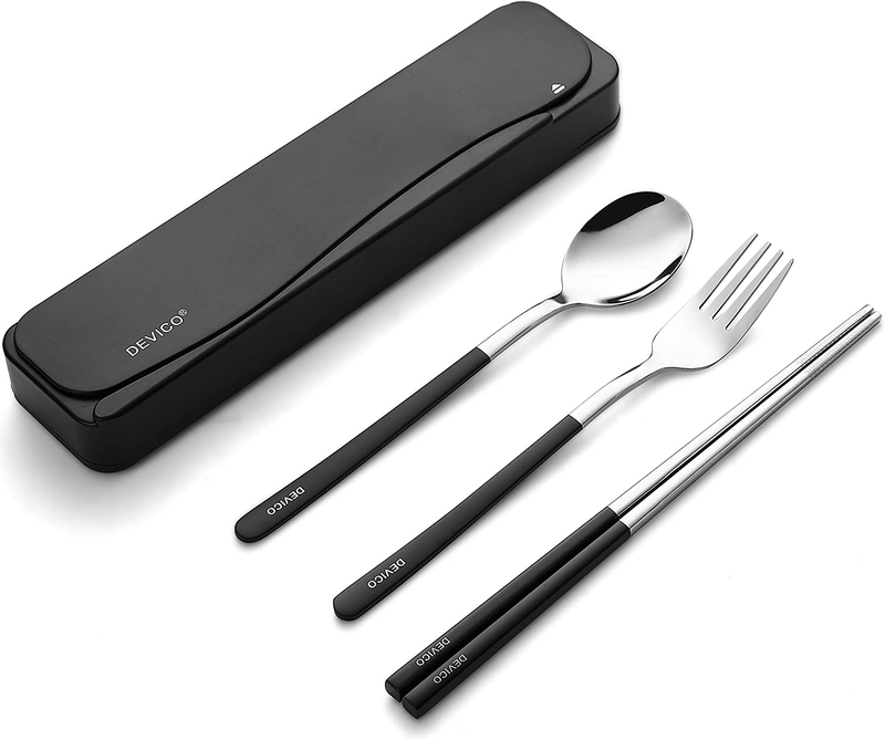 DEVICO Travel Utensils, 18/8 Stainless Steel 4pcs Cutlery Set Portable Camp Reusable Flatware Silverware, Include Fork Spoon Chopsticks with Case (Black)